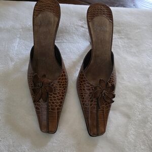Paolo Brown Croc-Embossed Mules with Floral Accent